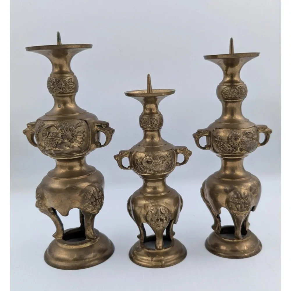 Ornate Oriental Brass Candle Holders Set of 3 - Flowers Birds Fu Dogs